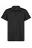 A black polo shirt with a collar and three buttons, featuring a logo on the upper chest area.