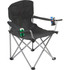 An oversized folding chair in black, featuring cup holders and a sturdy metallic frame. It also has a logo.