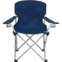 An oversized folding chair in navy blue with a sturdy silver frame and mesh armrests. It features a logo on the back.
