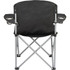 An oversized folding chair in black, featuring cup holders and a silver frame. The chair is fully open and upright.