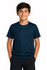 A navy blue children's t-shirt, featuring a round neckline and short sleeves, displayed on a smiling boy.