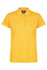 A yellow polo shirt featuring a classic collar and button detail, with a branded logo on the inside.