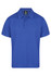 A blue men's polo shirt with a collar and three buttons, featuring a branding logo.