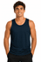 A male model wearing a navy blue singlet, showcasing a casual and comfortable design. The product features a logo.