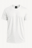 A white T-shirt with short sleeves and a branded neck label, suitable for kids.
