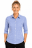 A blue and white check pattern button-up shirt with 3/4 sleeves and a fitted design, featuring a logo.
