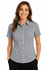 A short sleeve button-up shirt in a black and white gingham pattern, featuring a fitted design and a logo.