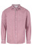 A long sleeve button-up shirt in red and white gingham check, featuring a branded logo.