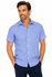 A short-sleeve button-up shirt in a blue and white check pattern. The shirt features a collar and a logo.