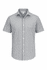 A short sleeve button-up shirt in a black and white gingham pattern with a logo on the collar.