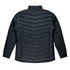A black jacket with a chevron pattern, featuring a high collar and long sleeves. It has a logo on the back.