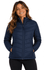 A navy blue women's jacket with a zip front and side pockets, featuring a branding logo.