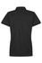 A black polo shirt with a short collar and sleeves, featuring a logo on the back.