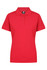 A red polo shirt with a collar and button placket, featuring a logo on the label.