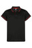 A black polo shirt with red accents, featuring a collar, short sleeves, and buttons. It has a logo on the tag.