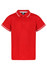 A red polo shirt with white trim and a collar, featuring a logo on the tag.