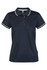 A navy blue women's polo shirt with a white-striped collar and button placket. It has a logo on the label.