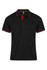 A black polo shirt featuring red collar and sleeve detailing, with a logo on the chest.
