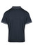 A dark polo shirt featuring two-tone stripes at the collar and sleeves, with a logo on the back.