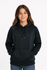 A black hoodie featuring a front pocket and a drawstring hood, modelled by a girl.