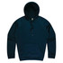 A dark navy hooded jumper featuring a front pocket and a drawstring. It has a logo on the interior.