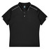 A black sports polo shirt with a collar, featuring white accents and a logo on the left sleeve.