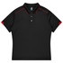 A black polo shirt with red accents, featuring a collar and buttons. It includes a logo on the chest area.