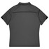 A grey sports polo shirt with black accents, featuring a collar and a logo on the back.