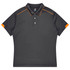 A short-sleeved polo shirt in dark grey with orange accents and a collar, featuring a logo on the chest.