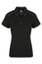 A black polo shirt featuring green accents and a branded logo on the collar.