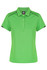 A bright green polo shirt with a collar and a logo, featuring black accents on the sleeves.
