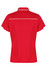 A red polo shirt featuring a white trim, with a classic collar and short sleeves. It includes a logo on the garment.