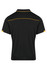 A black polo shirt featuring yellow accents and a logo. The design is simple with a classic collar.
