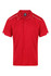 A red men's polo shirt with white accents and a logo on the front. Short-sleeved design.