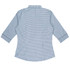 A blue and white checkered button-up shirt with 3/4 sleeves and a back view, featuring a collar and a logo.