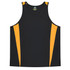 A black singlet with yellow side panels and a logo on the neckline. Suitable for kids.