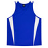 A blue singlet featuring white panels on the sides, with a branding logo on the label.