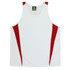 A white singlet with red side panels and a branded label at the neckline.