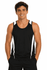 A black men's singlet featuring white side panels and a logo. The model is smiling while wearing the garment.