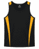 A black singlet featuring yellow side panels and a logo. Suitable for active wear.