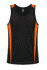 A black singlet with orange side panels and a logo at the neckline. Suitable for casual wear or sports.