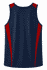 A men's singlet in navy blue with red accent panels on the shoulders. It features a logo on the back.