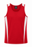 A red singlet with white side panels and a logo on the neckline. Ideal for casual wear or sports.