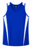 A blue singlet featuring white panel accents and a branding logo on the inside label.