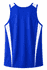 A blue men's singlet with white side panels and a simple design. It features a logo on the back.
