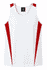 A white singlet with red accents, featuring a logo on the front. Suitable for casual or athletic wear.