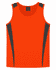 An orange singlet with grey accents, featuring a logo on the inside label.