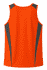 An orange singlet with grey side panels and a logo on the back. Suitable for active wear.