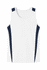A white singlet with navy blue side panels. The design includes a simple, sporty look and has a logo.