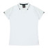 A white polo shirt featuring short sleeves and a collar, with a logo on the neckline.